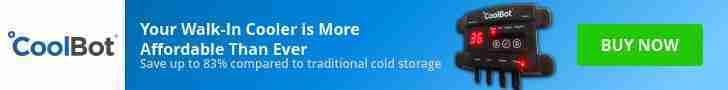 CoolBot promotional banner highlighting affordable walk-in cooler solutions with temperature control features and a call to action to buy now.