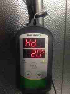 INKBIRD temperature sensor displaying humidity (Hd) and temperature (20°F), used for monitoring cooler settings with CoolBot system.