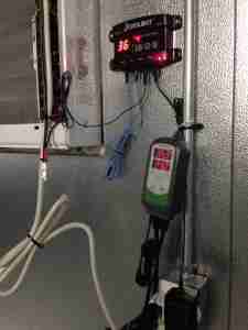 INKBIRD temperature controller displaying 36°F, mounted next to a CoolBot sensor, with visible wiring and connections for temperature management in a cooler setup.